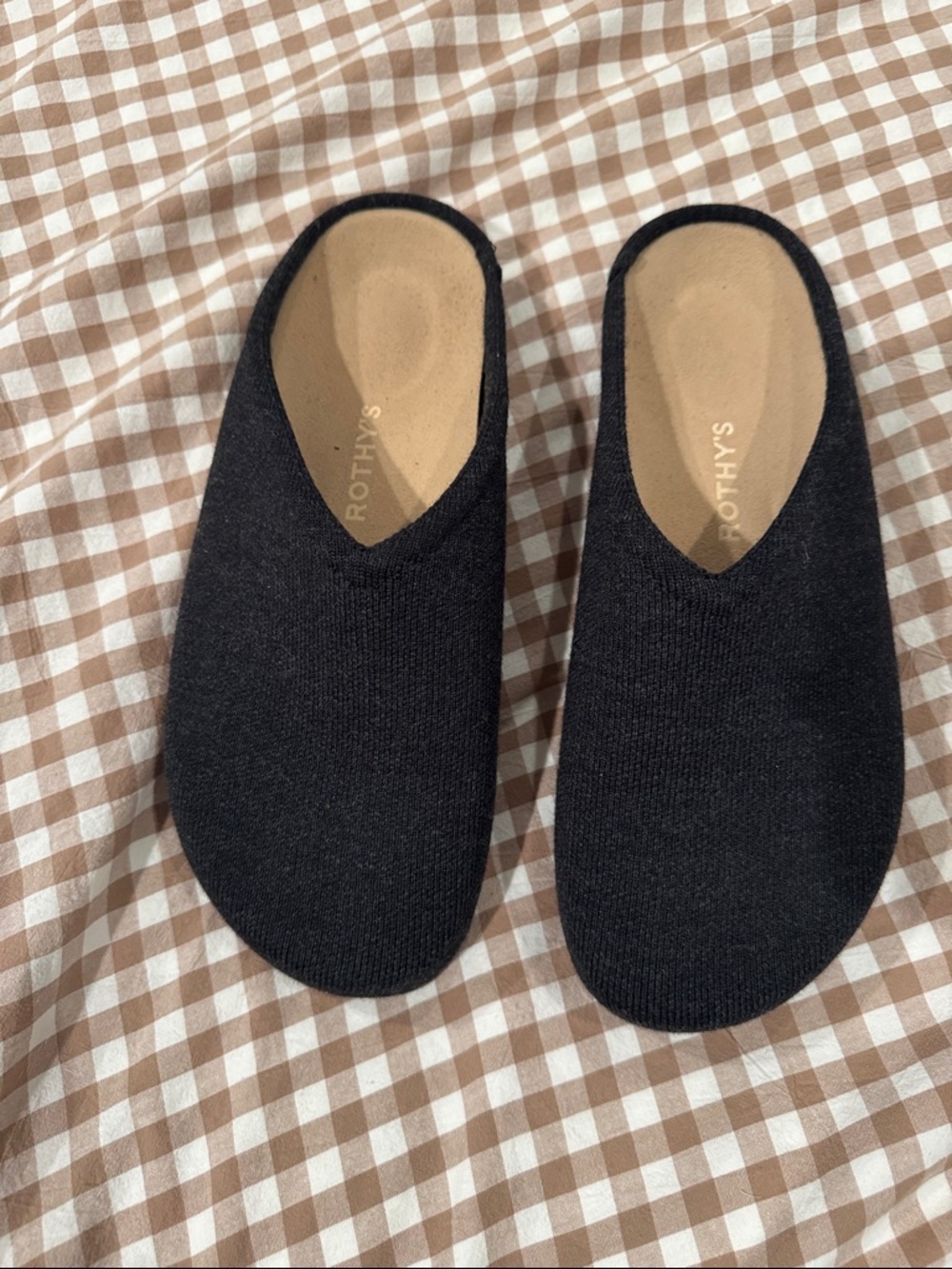 Rothy's Black Knit Slide Mules with Tan Insole